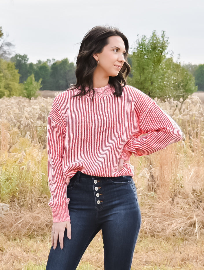 Red & White Ribbed Sweater